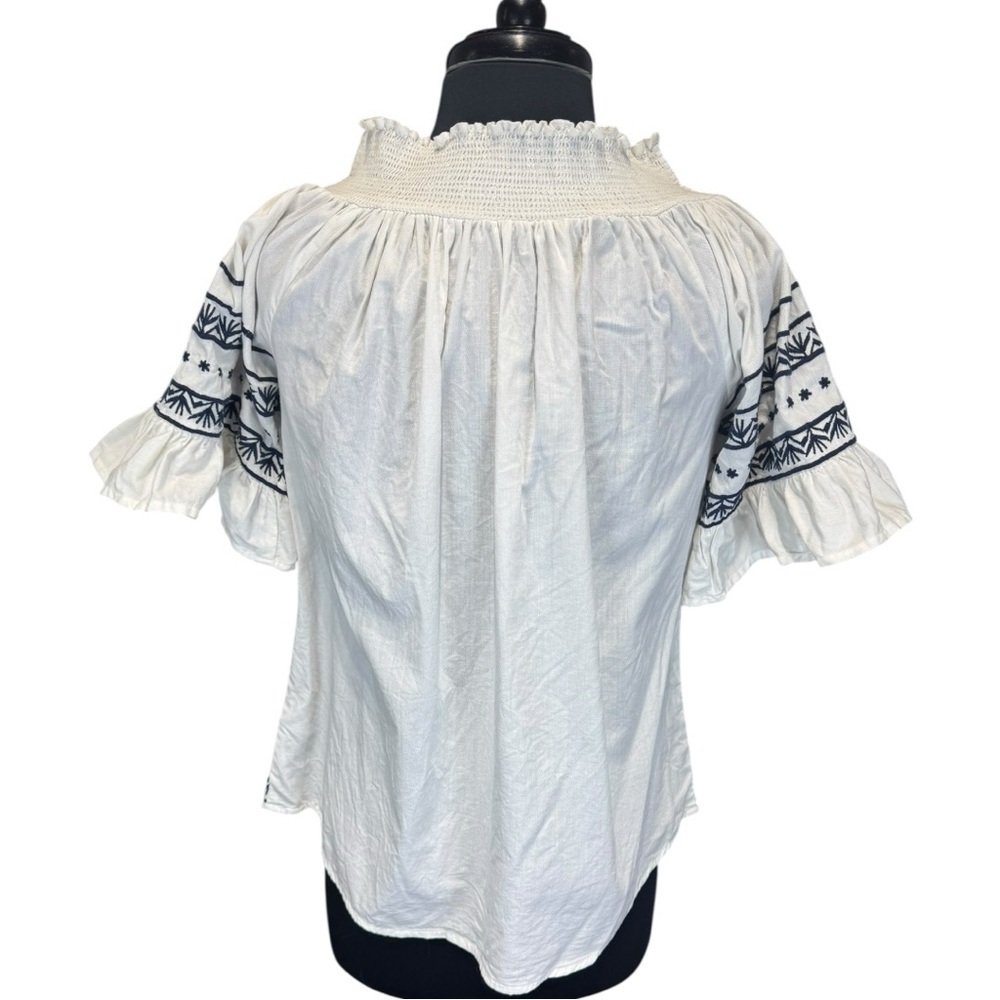 White & Navy Embroidered Cotton Smocked Bohemian Peasant Blouse Size XS - Picture 3 of 5